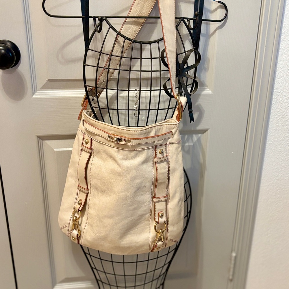 Italian Leather Cream Hobo Bag with Gold Hardware